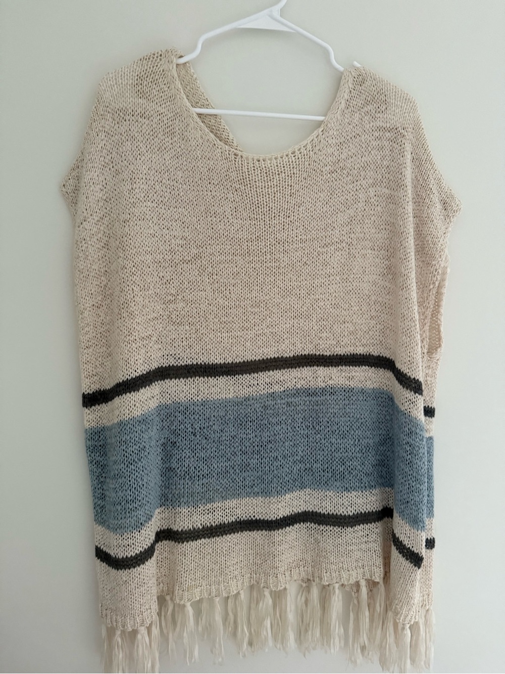 Easel Beige, Gray and Light Blue Striped Fringe Knit Poncho Sweater
